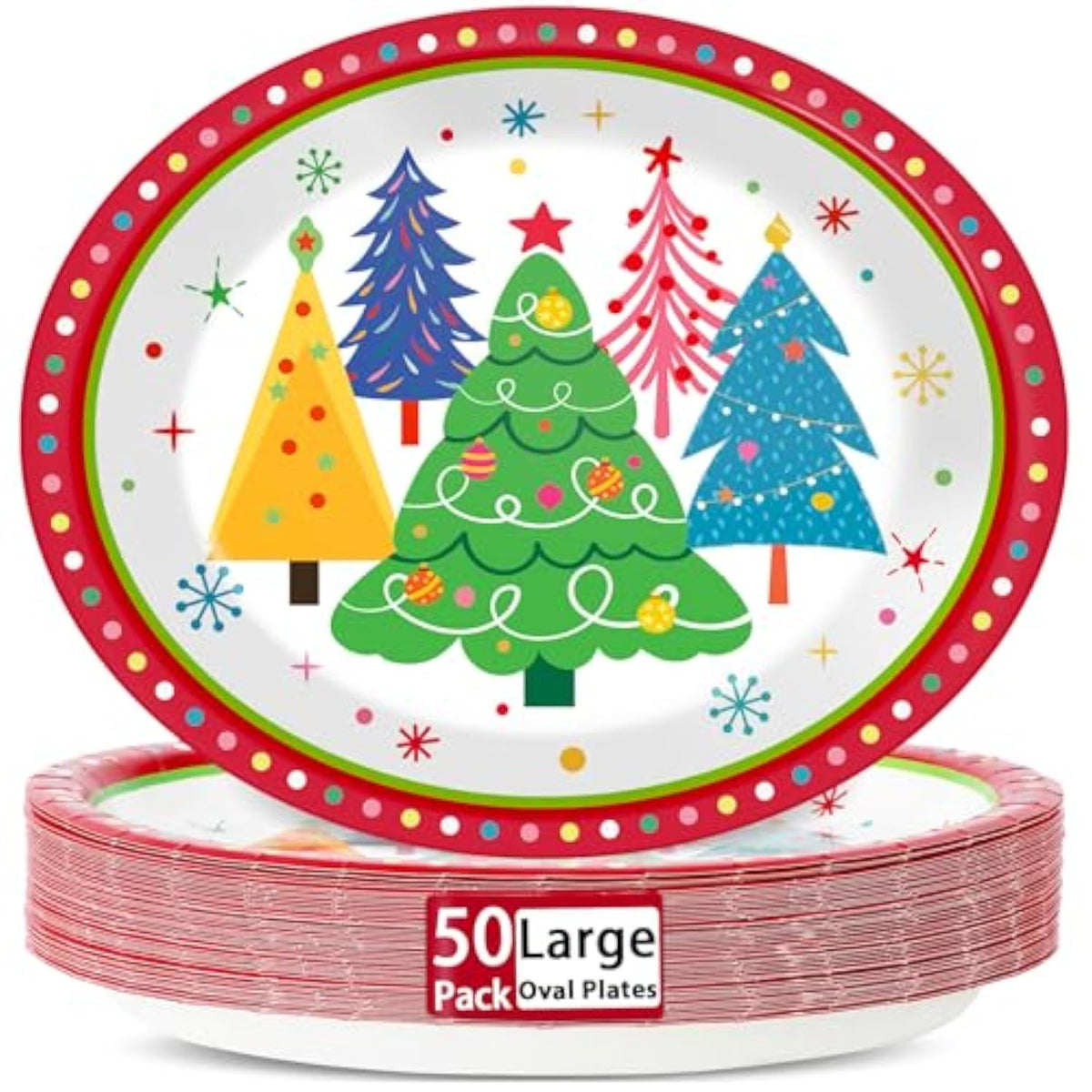 50Pcs Colorful Christmas Tree Plates Disposable Paper Christmas Tree Party Decorations Supplies 11 Inch Oval Plate Platter Dish Tray, Xmas Holiday Tableware Dinnerware