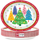 50Pcs Colorful Christmas Tree Plates Disposable Paper Christmas Tree Party Decorations Supplies 11 Inch Oval Plate Platter Dish Tray, Xmas Holiday Tableware Dinnerware