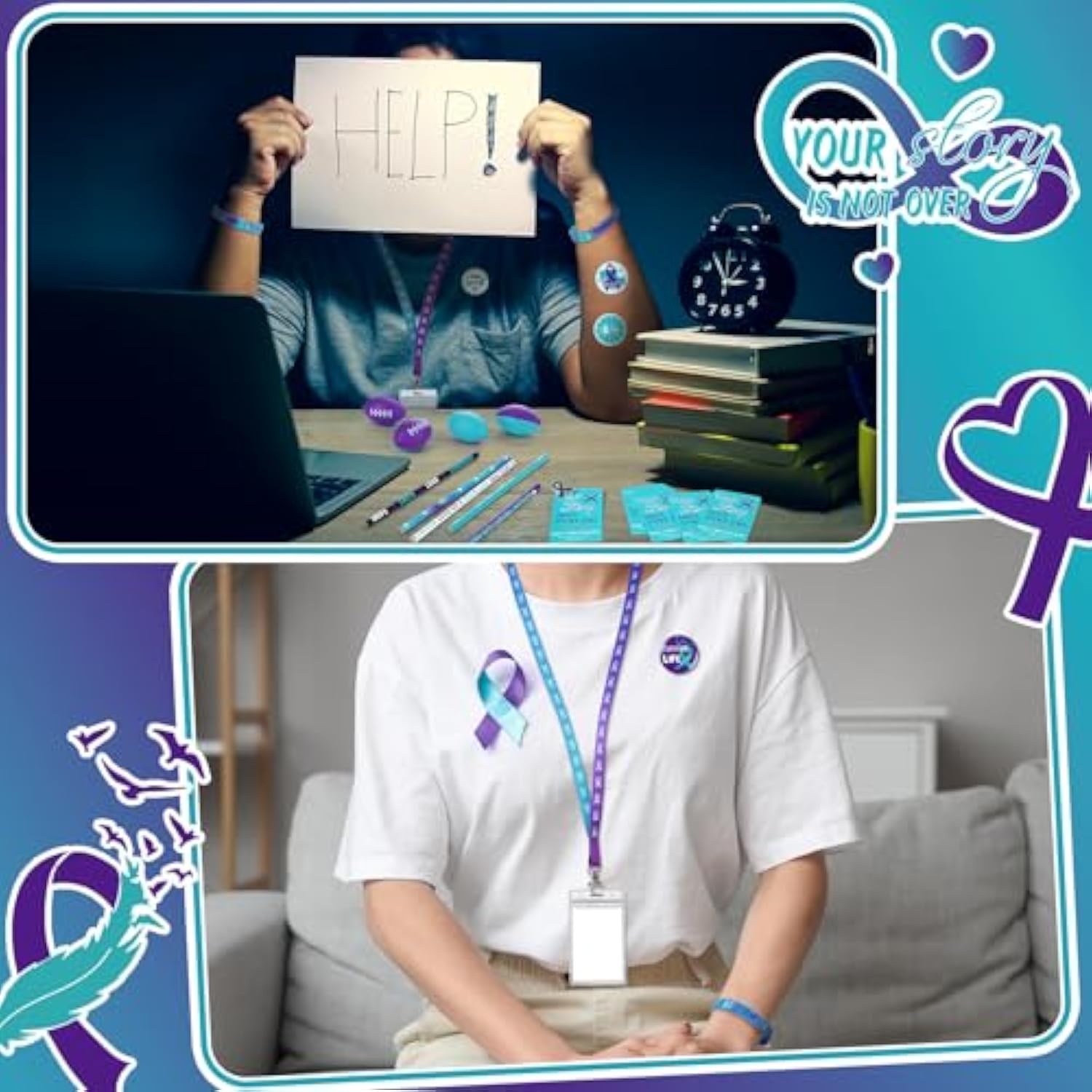 400 Pcs/40 Sets Suicide Prevention Awareness Teal Purple Ribbon Supply Include Wristband Bracelets Keychain Pencil Cutout Lanyard Button Pin Rugby Sticker For Charity Fundraise Party Favor