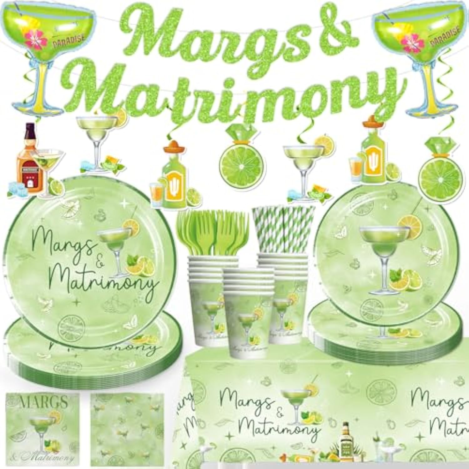 171Pcs Margs And Matrimony Bachelorette Tableware Set, Margarita Party Decorations Include Margs And Matrimony Banner 50 Thickened Plates 2 Tablecloths For Margarita Party