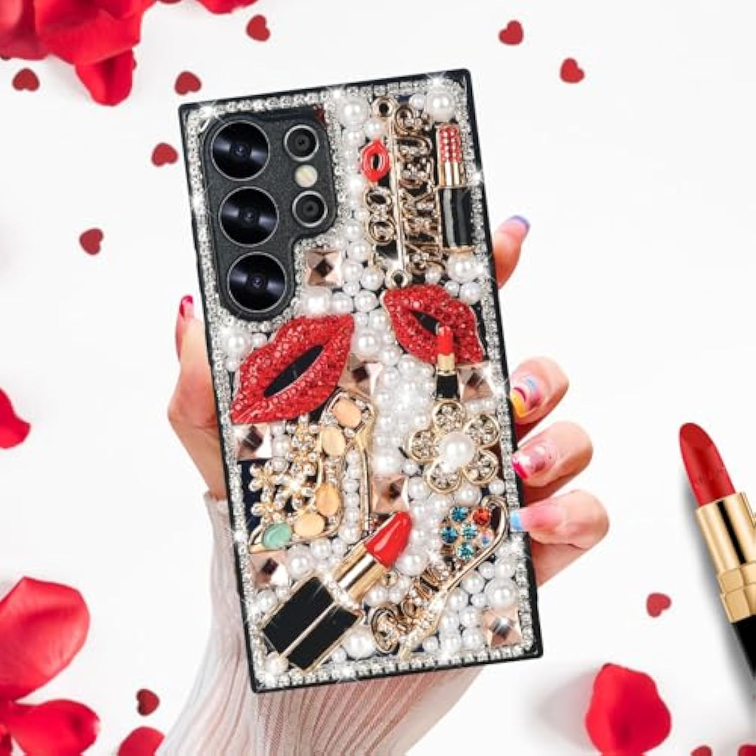 Compatible With Galaxy S25 Ultra Bling Case For Women Girls Luxury Sparkle Glitter 3D Handmade Diamond Crystal Rhinestone Lips Lipstick Pearl Flowers High Heels Soft Protective Case Clear