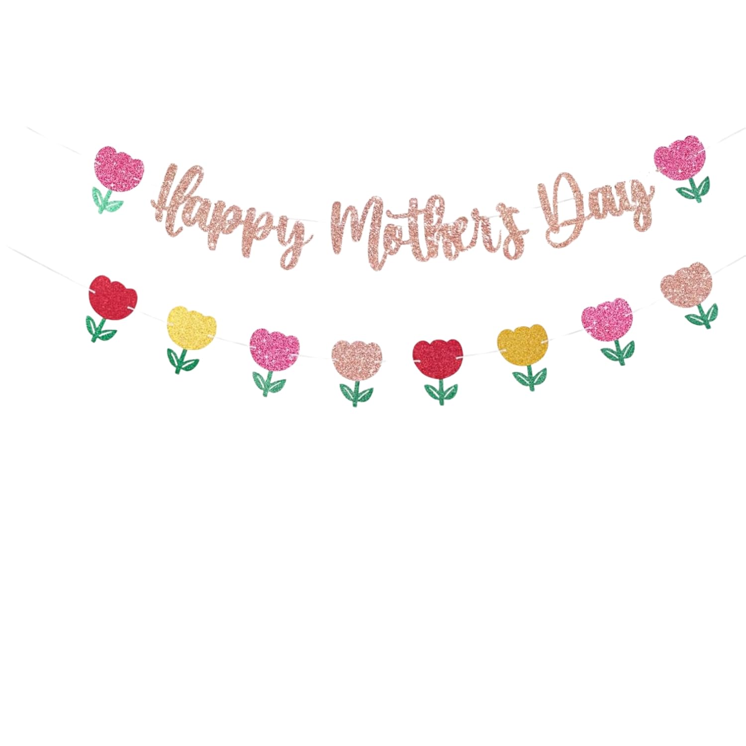 Happy Mother's Day Banner Set Decoration for Mother's Day Party Decorations Backdrop Garland for Mom Mother's Day Glitter Garland Photo Props (Rose Gold Tulip)
