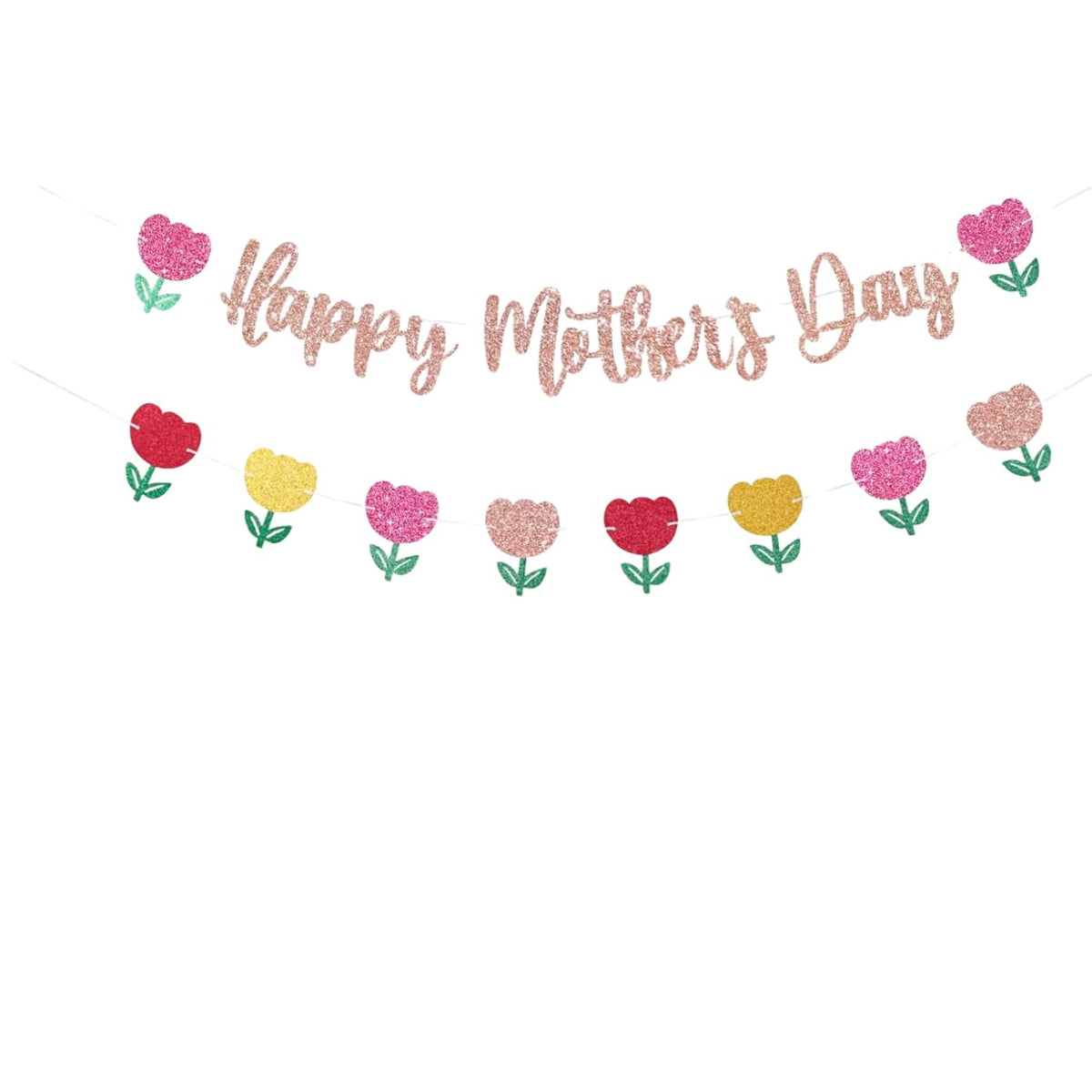 Happy Mother's Day Banner Set Decoration for Mother's Day Party Decorations Backdrop Garland for Mom Mother's Day Glitter Garland Photo Props (Rose Gold Tulip)