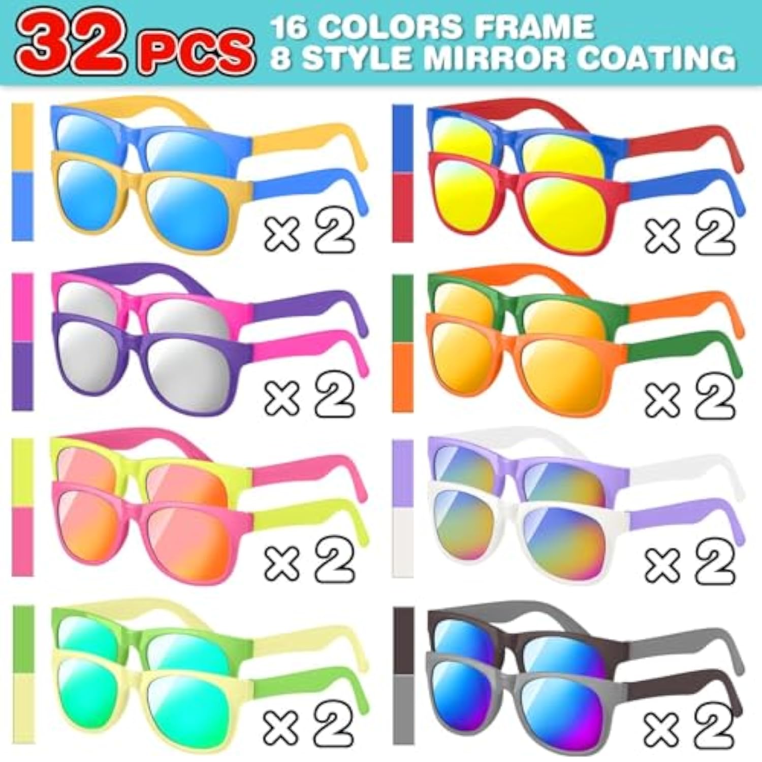 32 Pack Kids Sunglasses Bulk, Sunglasses Party Favors For Kid, 16 Colors Neon Sunglasses With Uv400 Protection, Gift For Birthday, Beach, School Prizes Goodie Bags Stuffers, Summer Pool Party Supplies