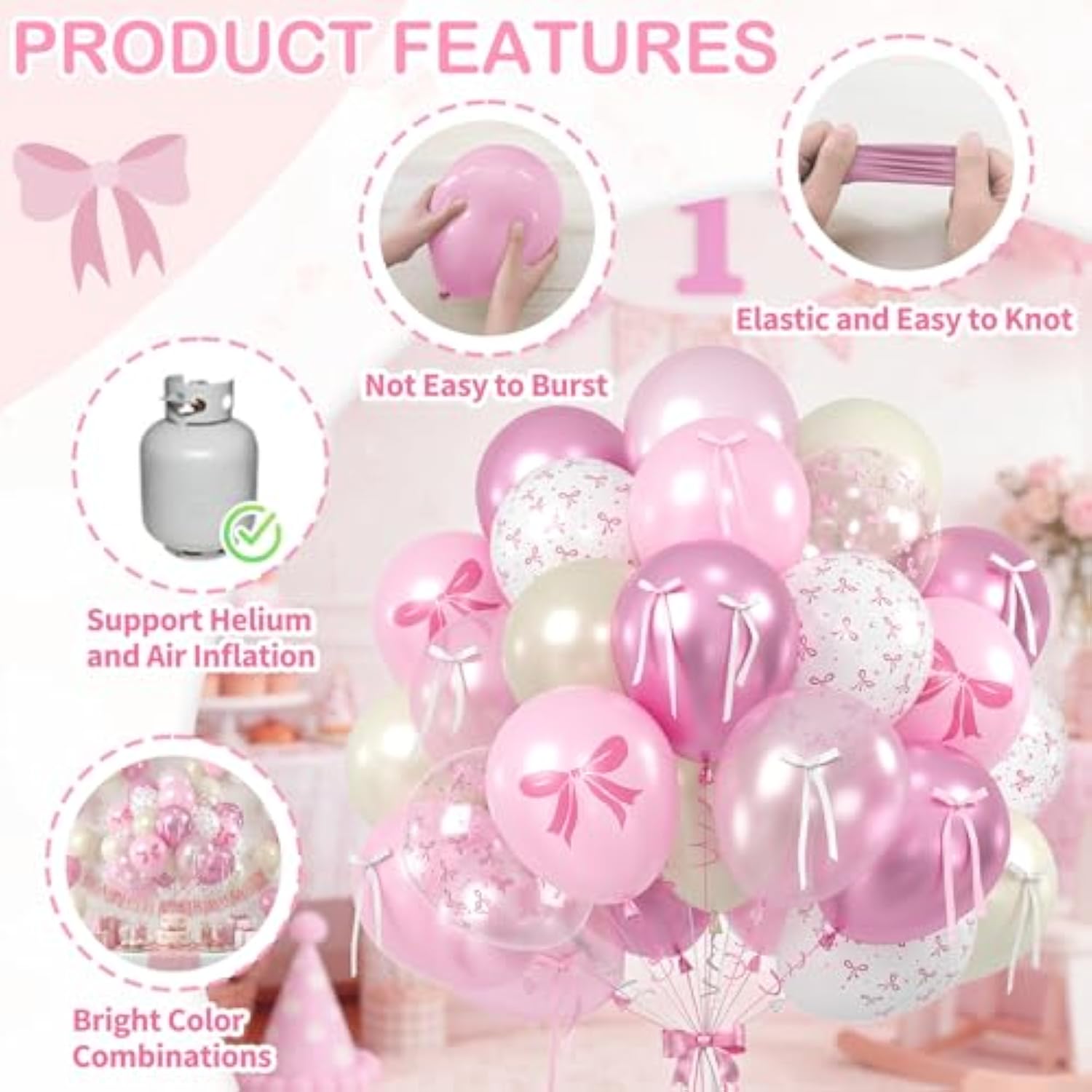 Pink Bow Balloons, 60Pcs Double Stuffed Pearl White Light Pink Balloon, 12 Inch Pastel Pink White Bow Printed Balloons With Ribbon For Girls Birthday Baby Shower Wedding Coquette Party Decorations