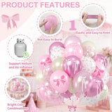 Pink Bow Balloons, 60Pcs Double Stuffed Pearl White Light Pink Balloon, 12 Inch Pastel Pink White Bow Printed Balloons With Ribbon For Girls Birthday Baby Shower Wedding Coquette Party Decorations