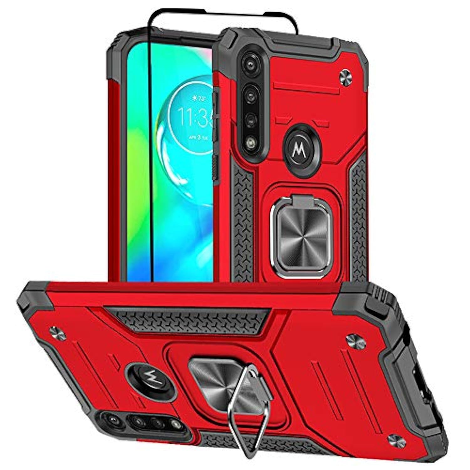 For Moto G Power Case With Screen Protector, Hard Rubber Bumper [Shockproof] Tough Rugged With 360 Rotation Ring Kickstand Cases For Moto G Power 2020 (Red)