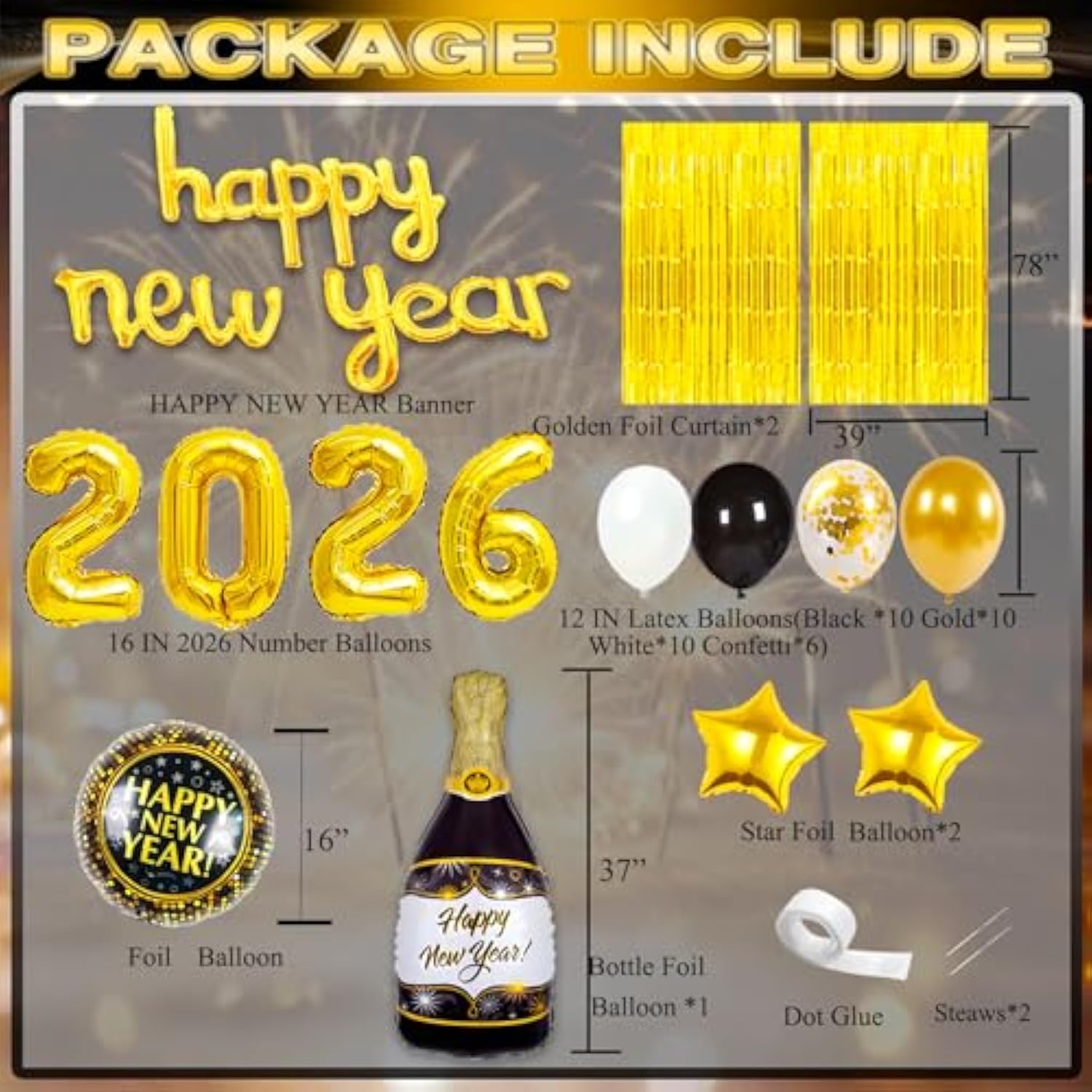 2026 New Year’s Eve Party Supplies Gold Black Balloons Banner Foil Curtains