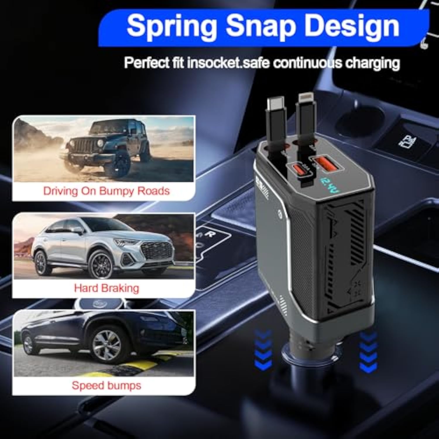 Retractable Car Charger Adapter,4 In 1 Fast Charging Car Adapter,85W Usb C Truck Accessories,Voltage Display, Gifts For Women Men,Compatible With Iphone 16 15 14 13 12 Pro Max Plus,Galaxy,Pixel