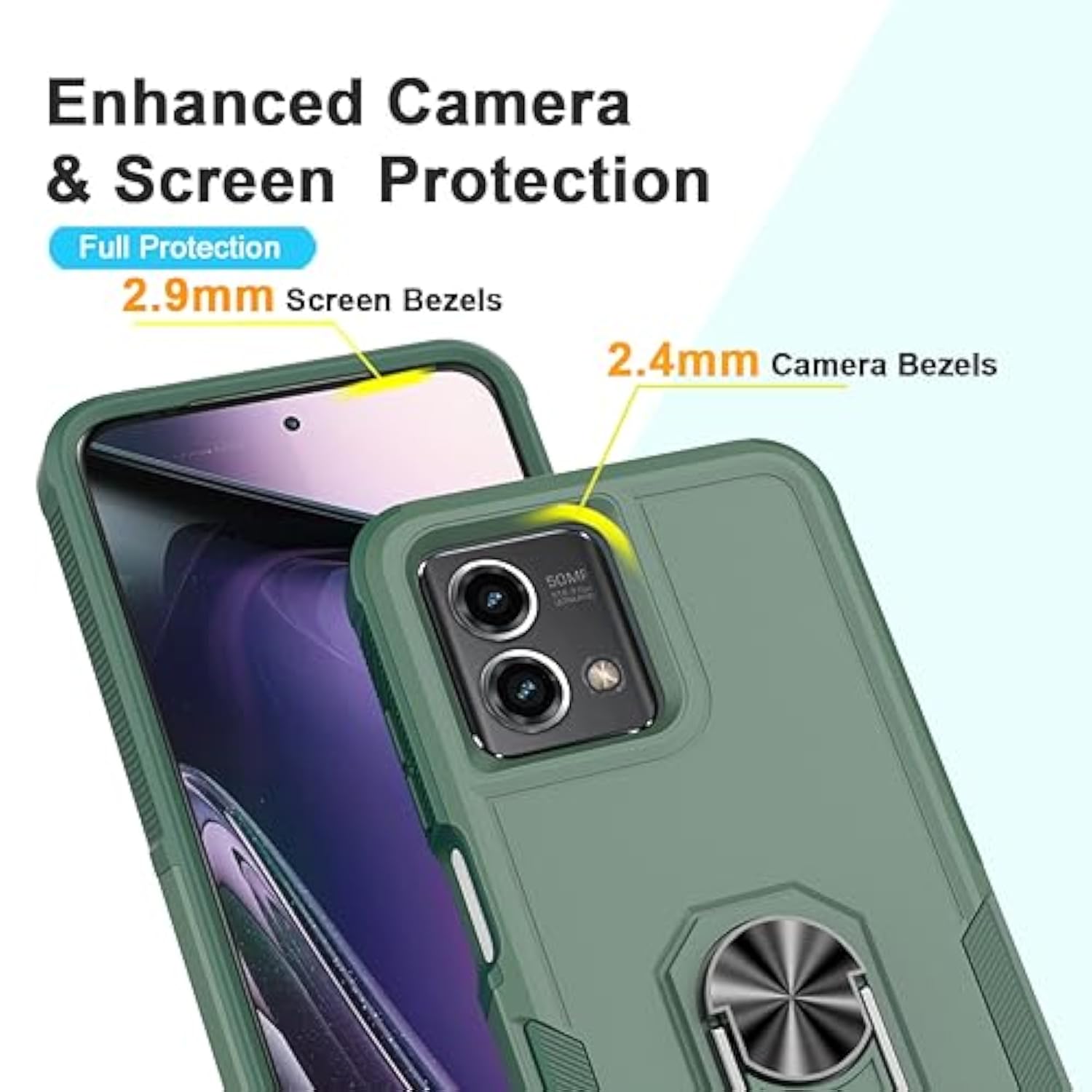 For Moto G Power 5G 2023 & Moto G 5G 2023 Case With Tempered Glass Screen Protector, Heavy-Duty Tough Rugged Phone Case Cover With Ring Holder Kickstand [Dark Green]