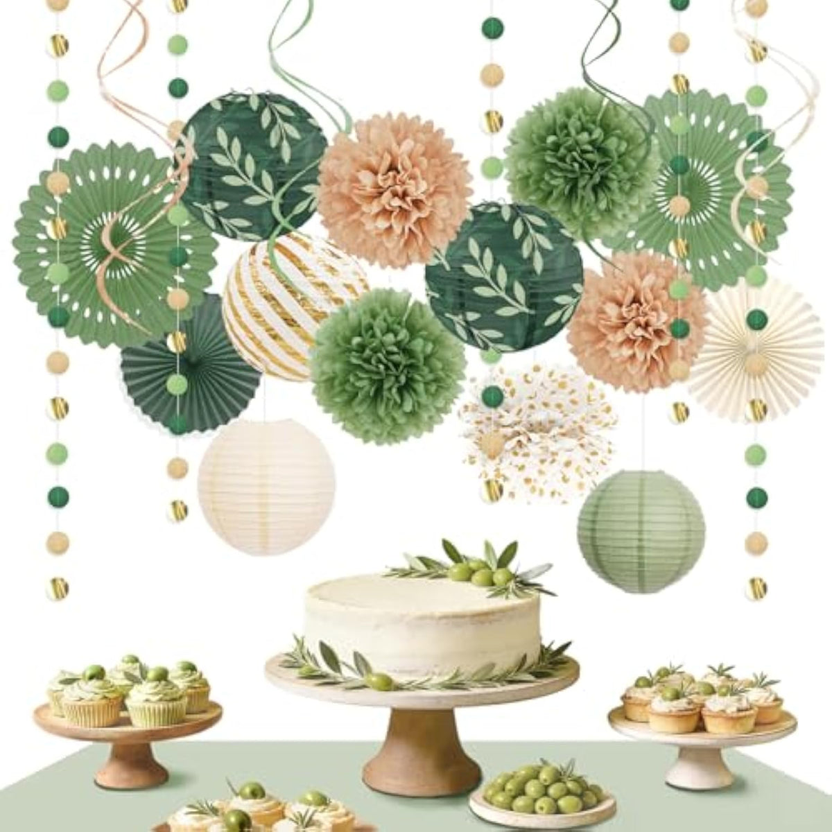 Sage Green Party Decorations Kit For Birthday,Paper Decor With Flower,Lantern,Party Garland,Streamers For Netural Baby Shower,Bridal Shower,Boho Wedding,Bachelorette,Woodland Theme Parties