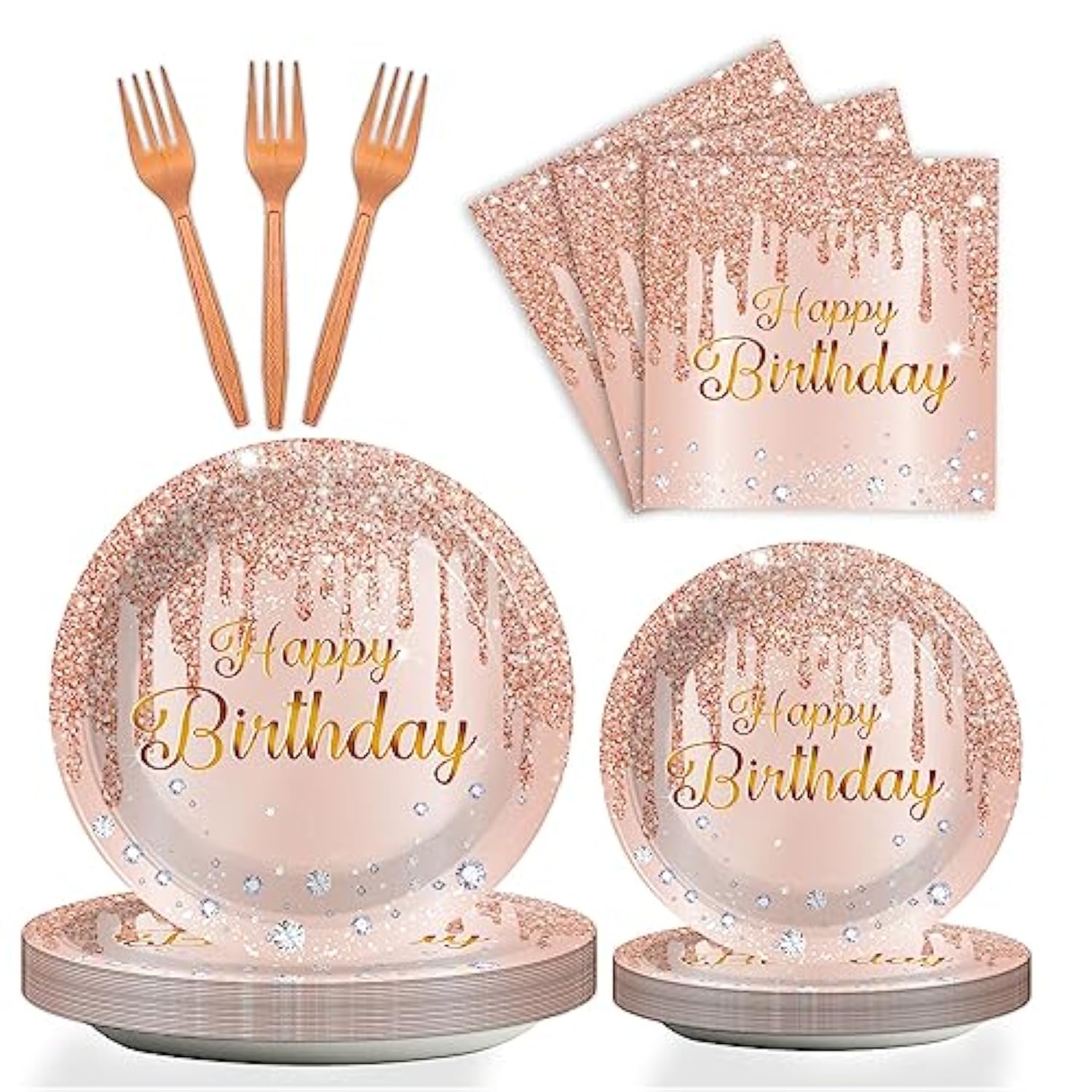 96 Pieces Happy Birthday Tableware Set For Pink Rose Gold Table Decorations Supplies Dessert Plates Napkins Forks Women 24 Guests Disposable Party Favors