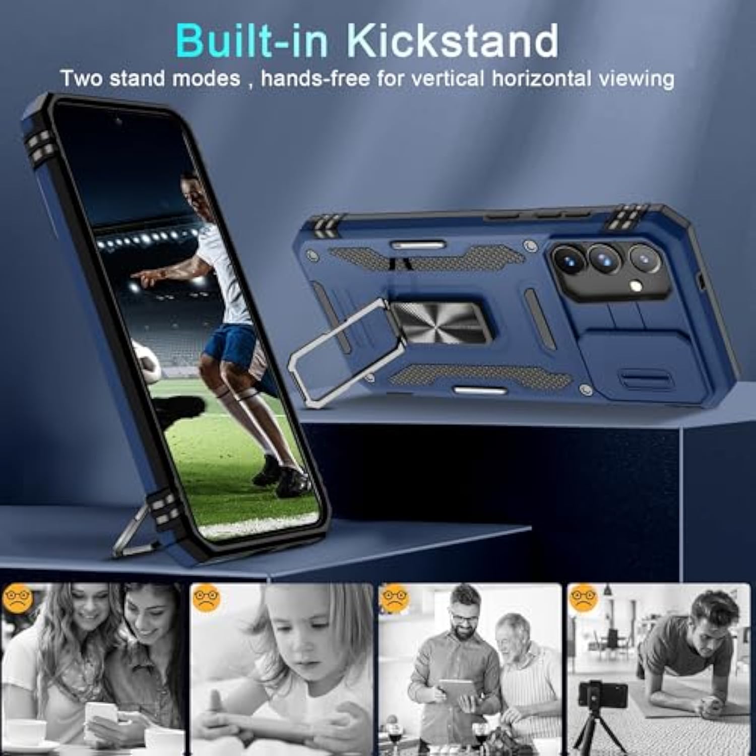 Case For Samsung Galaxy S25+ Plus 6.7-Inch With Slide Camera Cover+Screen Protector(1 Pack), Rotated Ring Kickstand Military Grade Shockproof Protective Cover-Navy Blue
