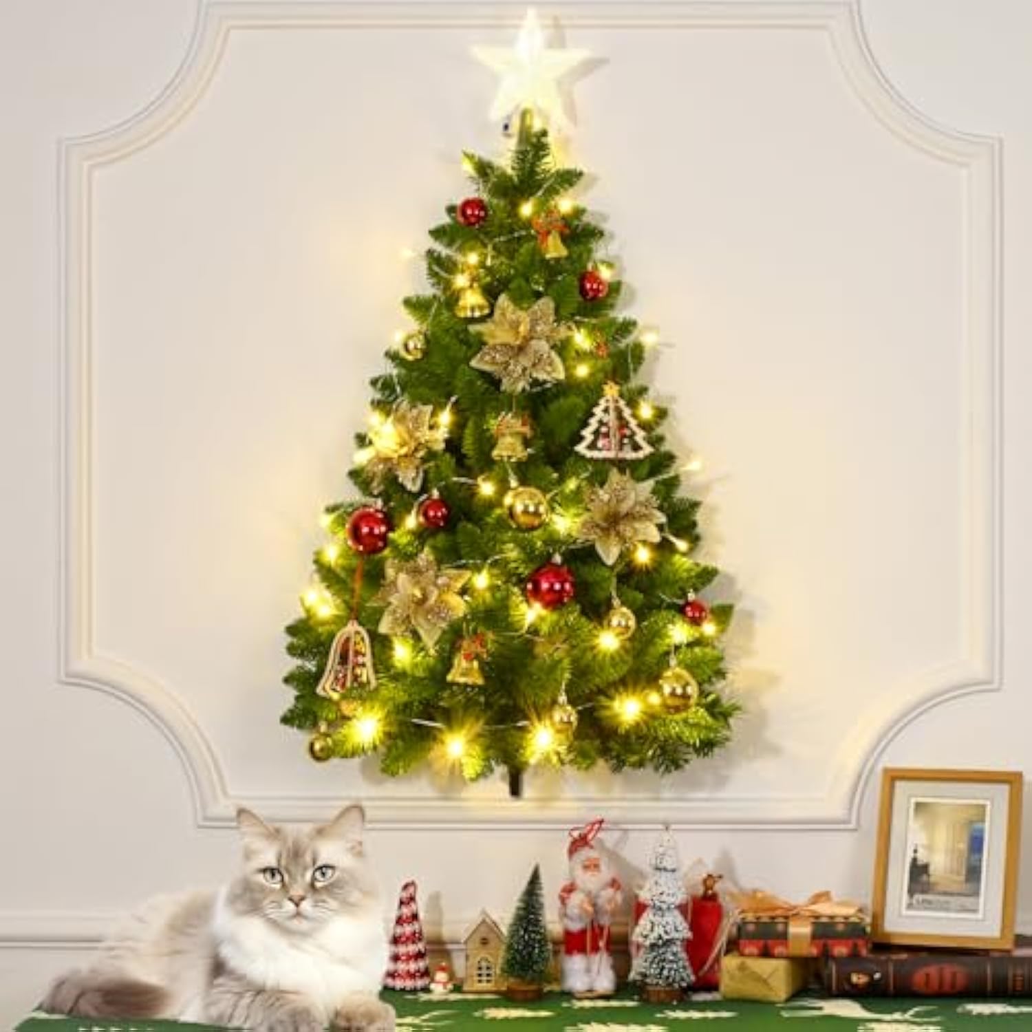 3 Ft Wall Christmas Tree, Dark Green Half Christmas Tree Wall Hanging, Diy 1/2 Chrismas Tree For Window With Lights, Ornaments And Hooks, Hainging Xmas Tree For Door, Pet Owners Xmas Decor