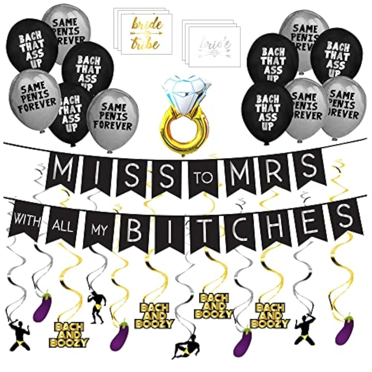 Miss To Mrs Classy & Sassy Bachelorette Black & Silver Party Pack - Bachelorette Party Decorations, Favors And Supplies