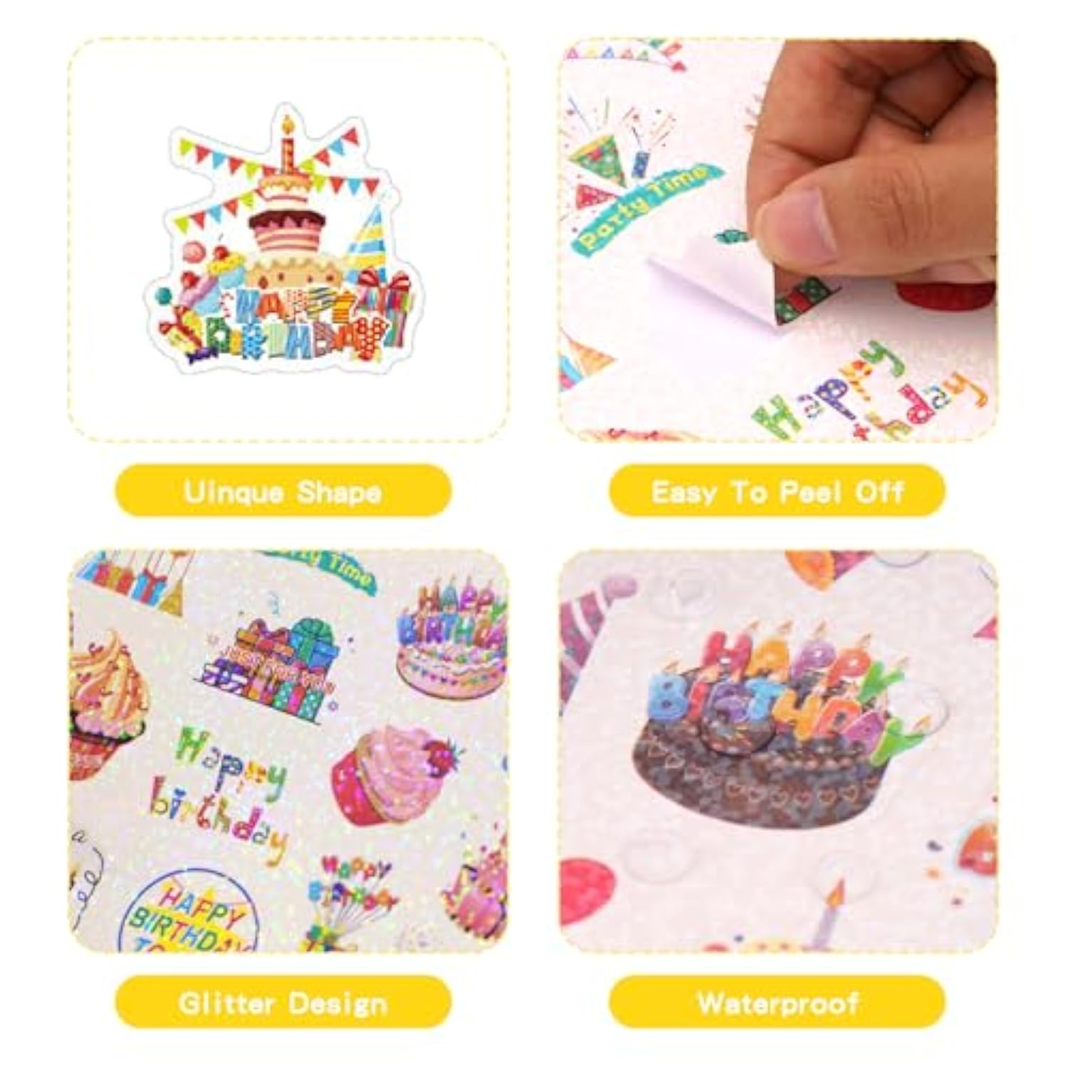 Birthday Stickers,Glitter Happy Birthday Stickers For Kids Adults,Self-Adhesive Scrapbook Birthday Sticker Bulk For Birthday Party Envelope Card Gift Wrapping Birthday Supply(270Pcs/10Sheet)