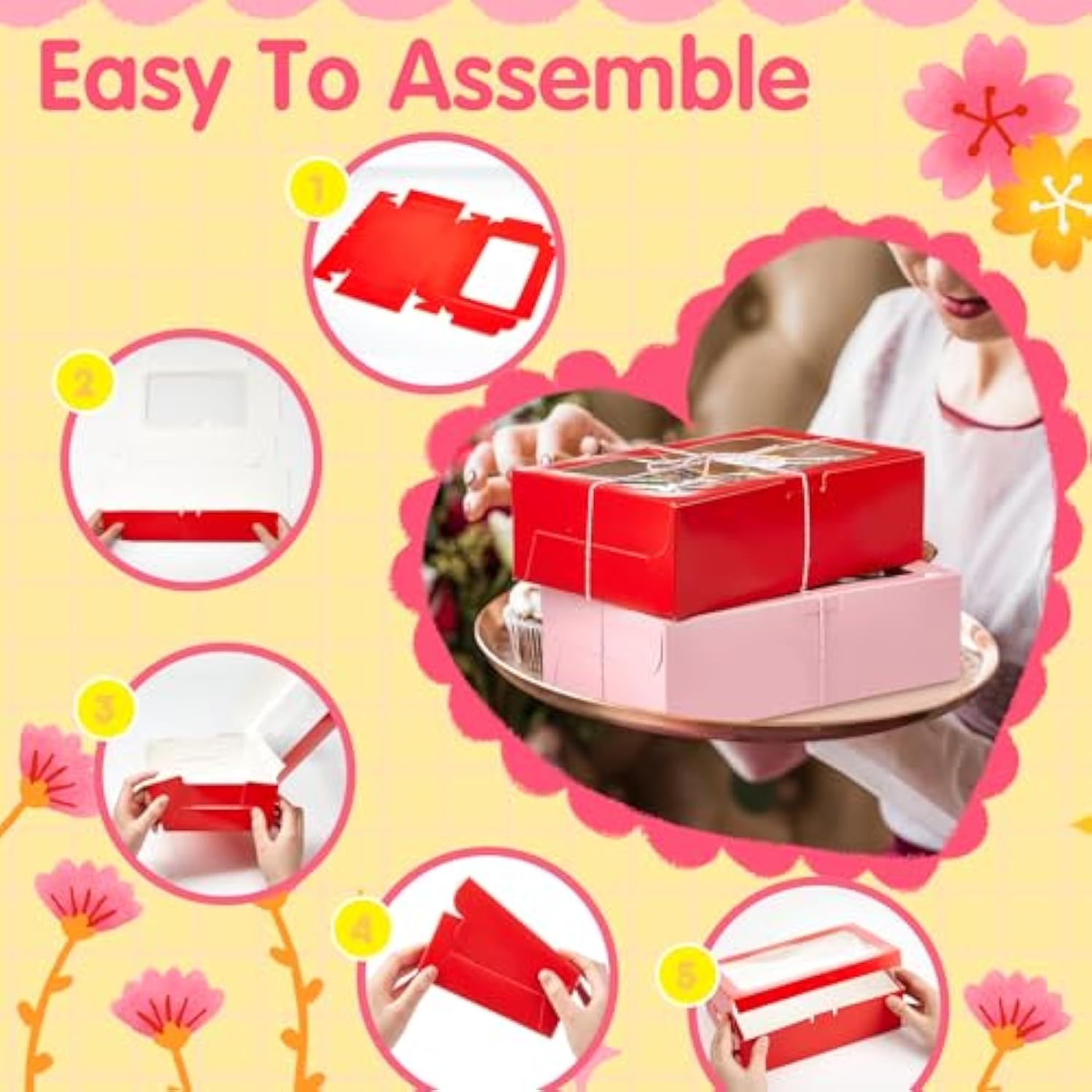 50 Set Valentine'S Day Pink Cookie Boxes With Window 9X6X3 Inches Red Pink Bakery Box For Gift Giving With Rope Love Card For Valentine Wedding Chocolate Pastries Dessert Packaging