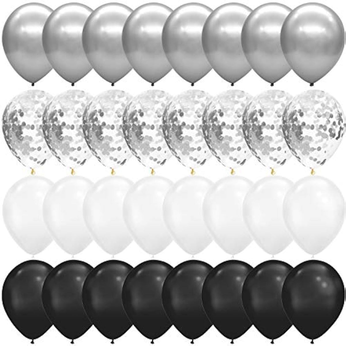 100pcs Metallic Balloons – 12" Black, White, Silver & Confetti Décor