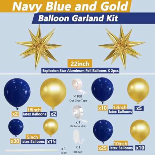 Navy Blue And Gold Balloons Arch Garland Kit, 5 10 12 18 Inch Royal Blue Gold Balloons With Explosion Star Balloons 101Pcs Balloons For Anniversary Wedding New Year Birthday Party Decorations