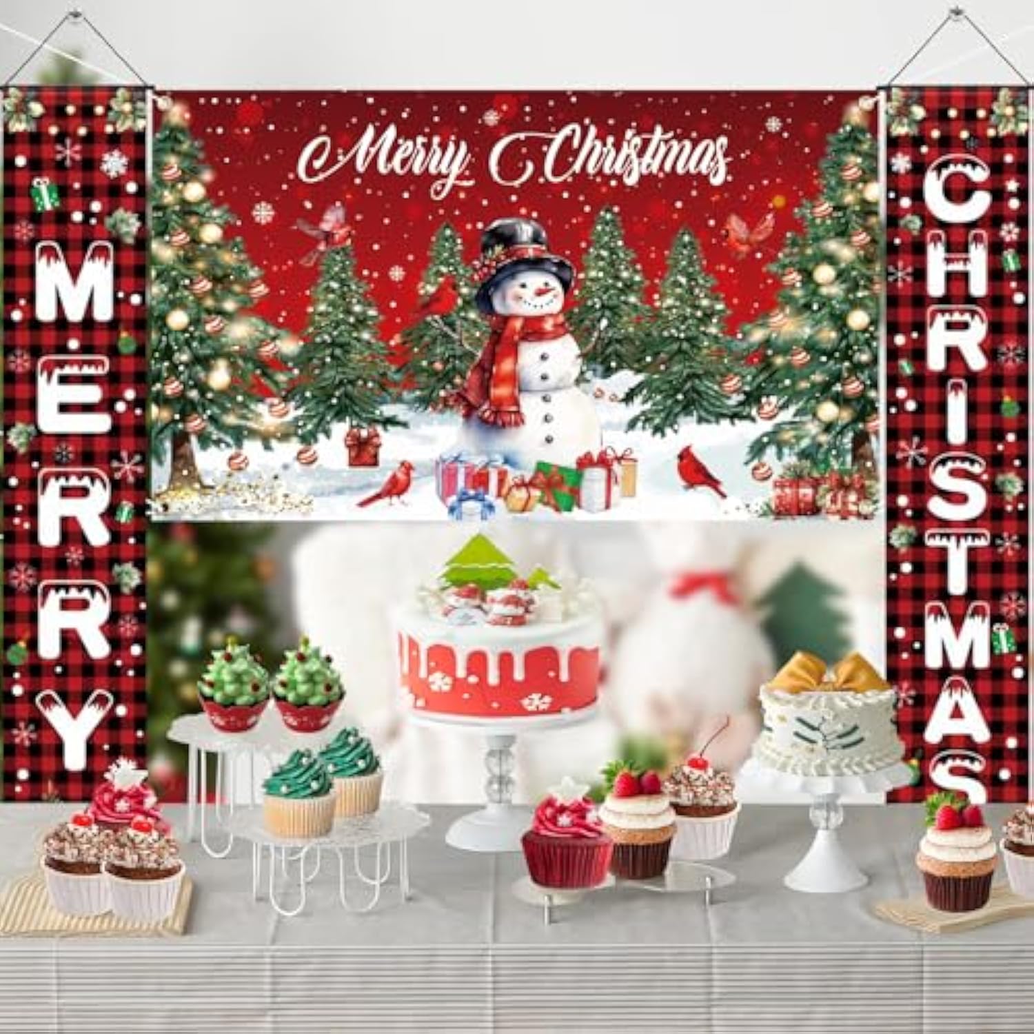 Merry Christmas Banners With 3 Pcs 71"X 43" Christmas Backdrop And Porch Signs Hanging Ribbon, Indoor & Outdoor Christmas Decorations For Home Wall/Front Door/Yard, Party, Photography