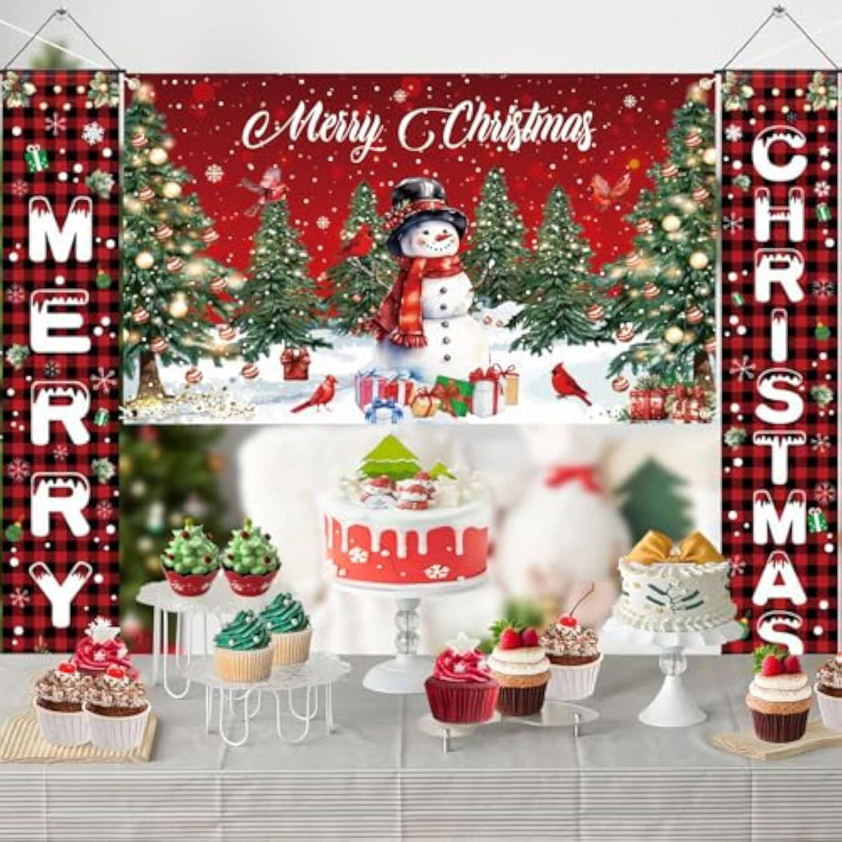 Merry Christmas Banners With 3 Pcs 71"X 43" Christmas Backdrop And Porch Signs Hanging Ribbon, Indoor & Outdoor Christmas Decorations For Home Wall/Front Door/Yard, Party, Photography