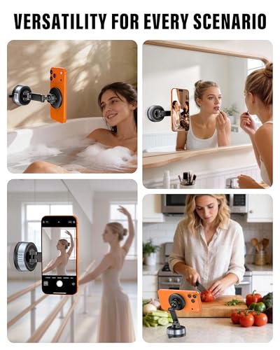 Shower Phone Holder for MagSafe, Reusable Gel-Lock Suction Cup Phone Mount with 3-Inch Dual Pivot Adjustable Arm, Phone Holder for Shower, Mirror,