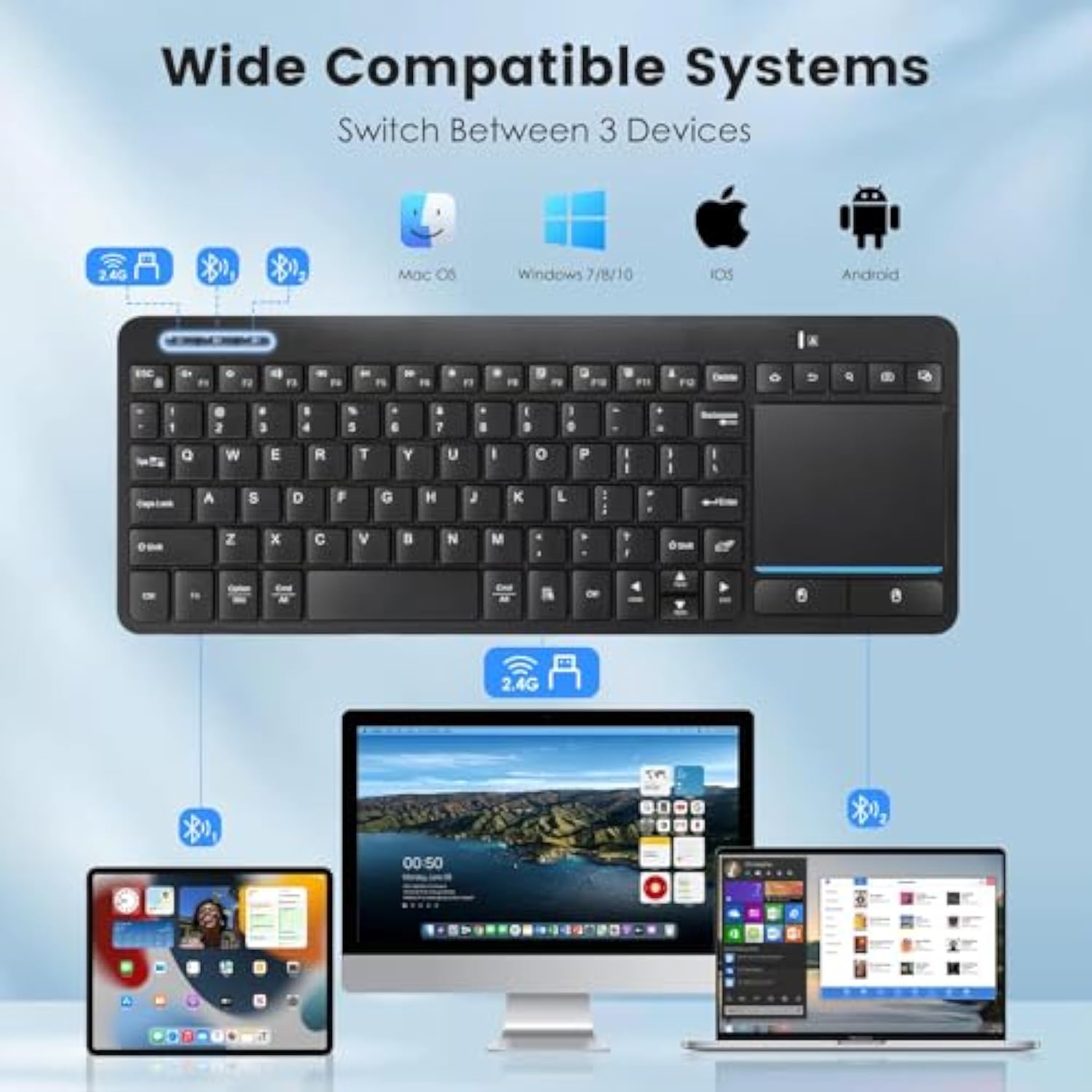 Multi-Device Wireless Bluetooth Keyboard With Touchpad-Wireless Keyboard With Multi-Touch Big Size Trackpad,Support 3 Devices For Pc,Windows, Android, Chrome Os, Laptop, Tablet