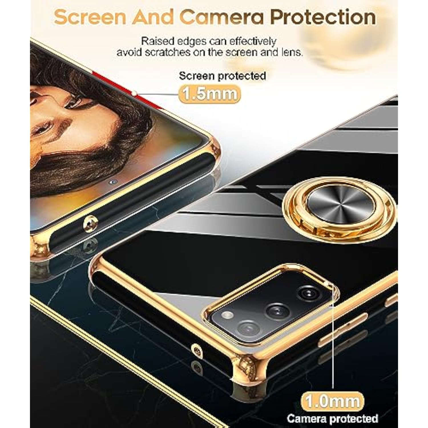 For Galaxy S20-Fe-5G Case: For Samsung S20Fe/S 20Fe Phone Case With Tempered Glass Screen Protector [2 Pack], Ring Holder Magnetic Kickstand, Plating Rose Gold Case For Women Girls, Black