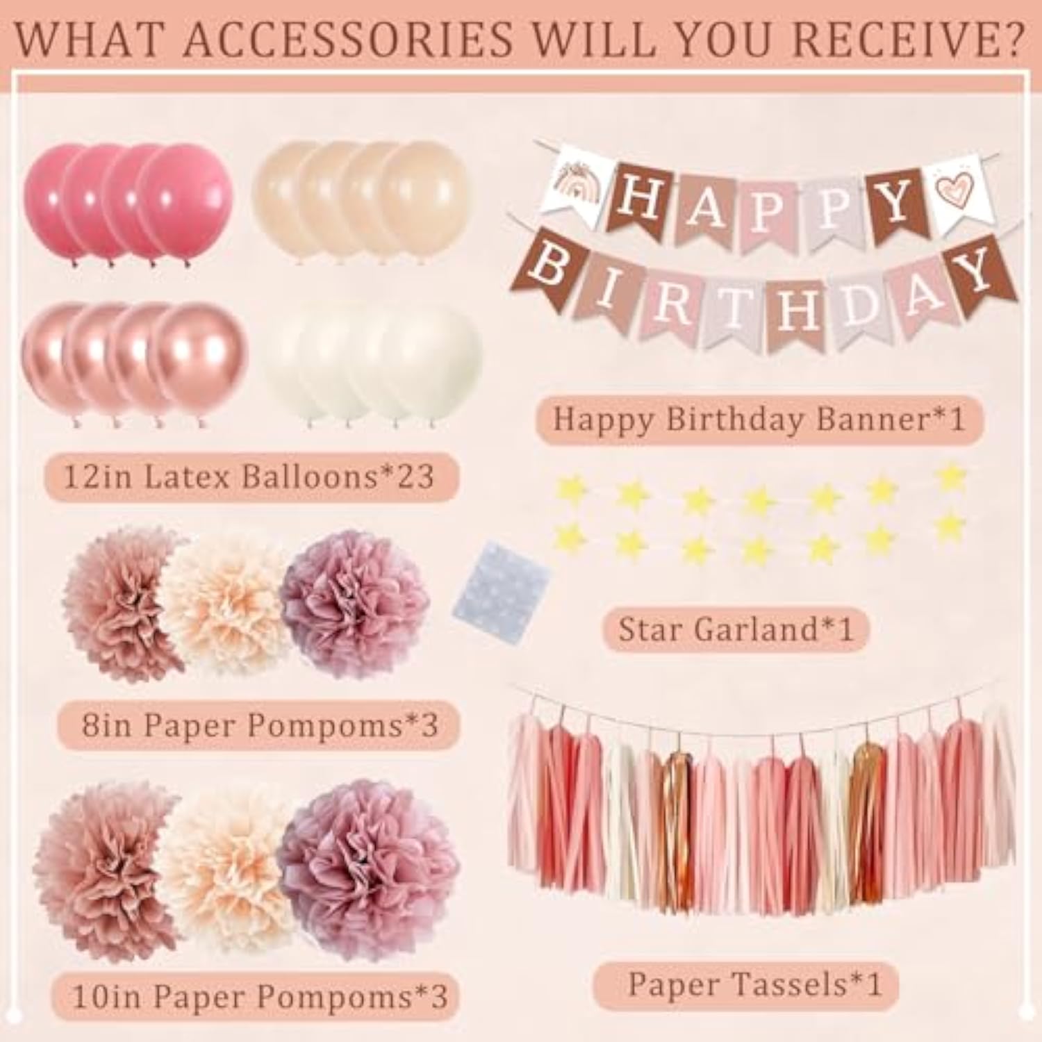 Retro Blush Pink Birthday Decorations, Boho Balloons, Banner & Tassel Garland