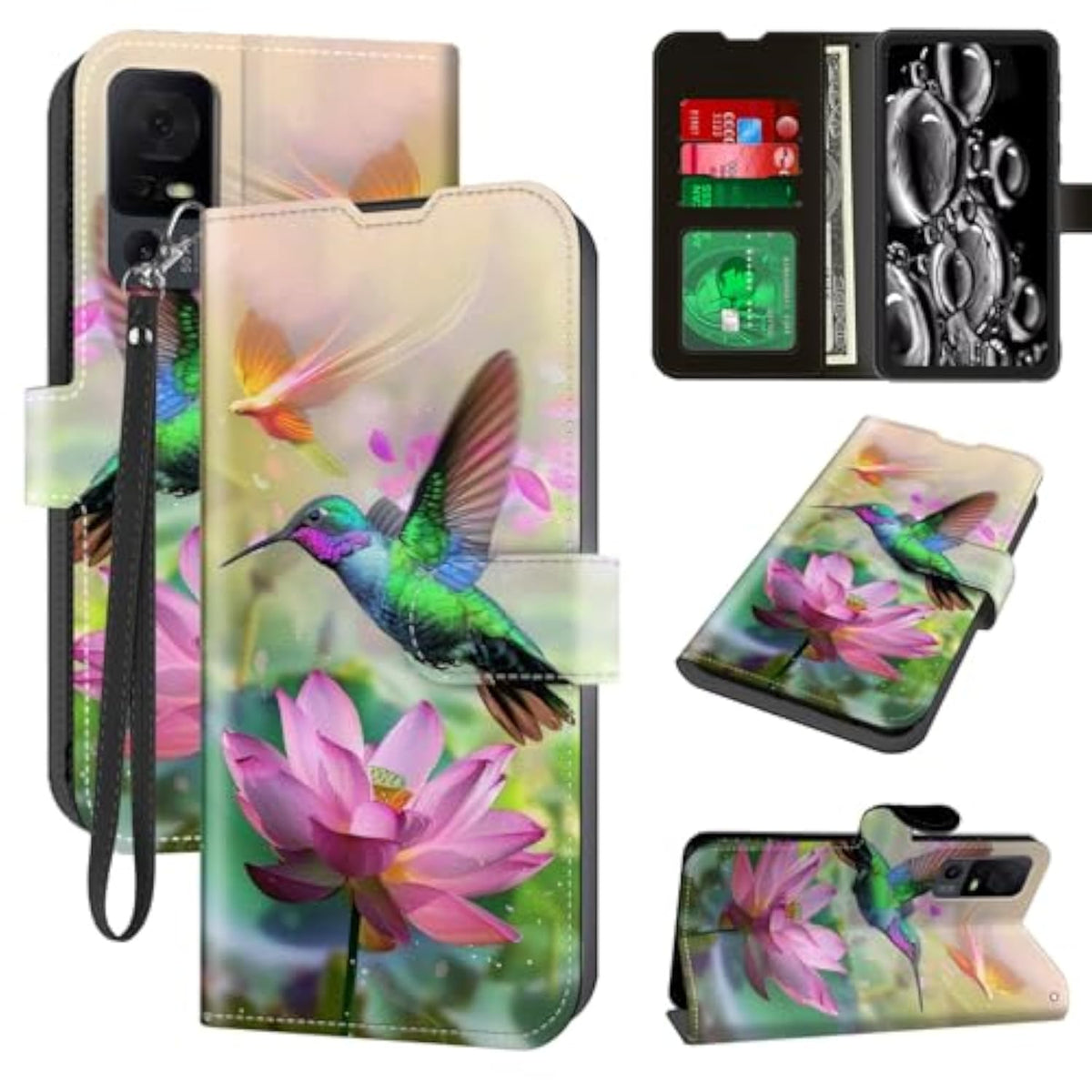 Phone Case Wallet with Card Holder, Wrist Strap, and Kickstand for Jitterbug Smart 4, TCL 40XL, and TCL 40T - Bird Pink Lotus Pattern