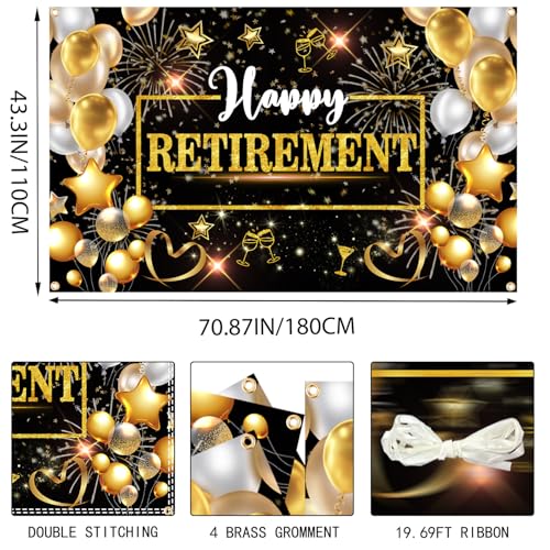 Retirement Party Decorations – 71x44 Inch Happy Retirement Banner Backdrop with Black & Gold Design, Includes 19.69ft Ribbon for Photo Booth, Studio Props & Party Decor
