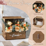 Brown Wedding Card Box With Flower Trough & Acrylic Board, Wooden Wedding Card Boxes For Reception, Money Gift Box For Honeymoon, Graduation, Baby Showers, Birthday Party Decorations
