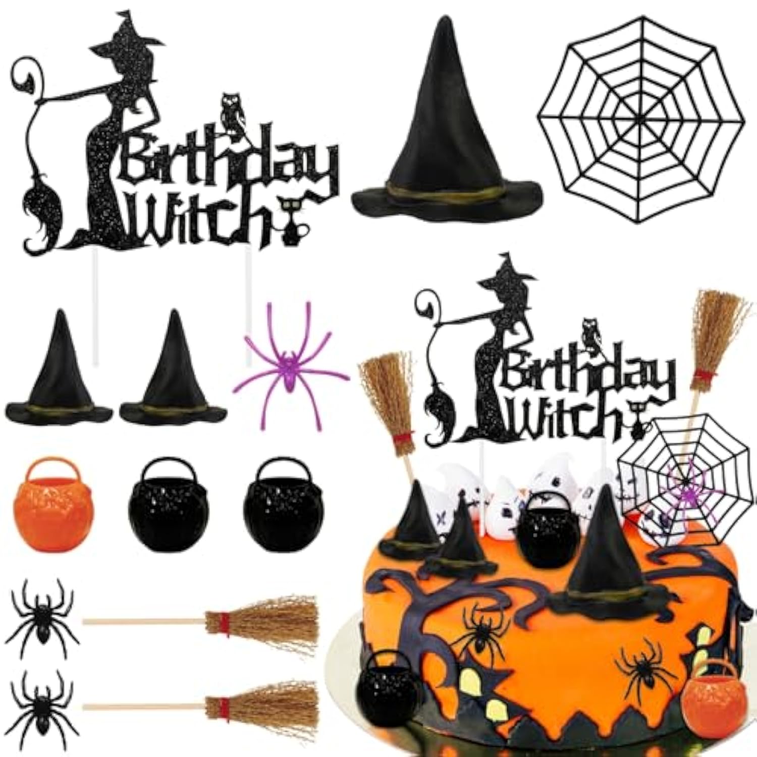 13pcs Witch Cake Toppers Black Hat Broom Spider Web Halloween Birthday Decor