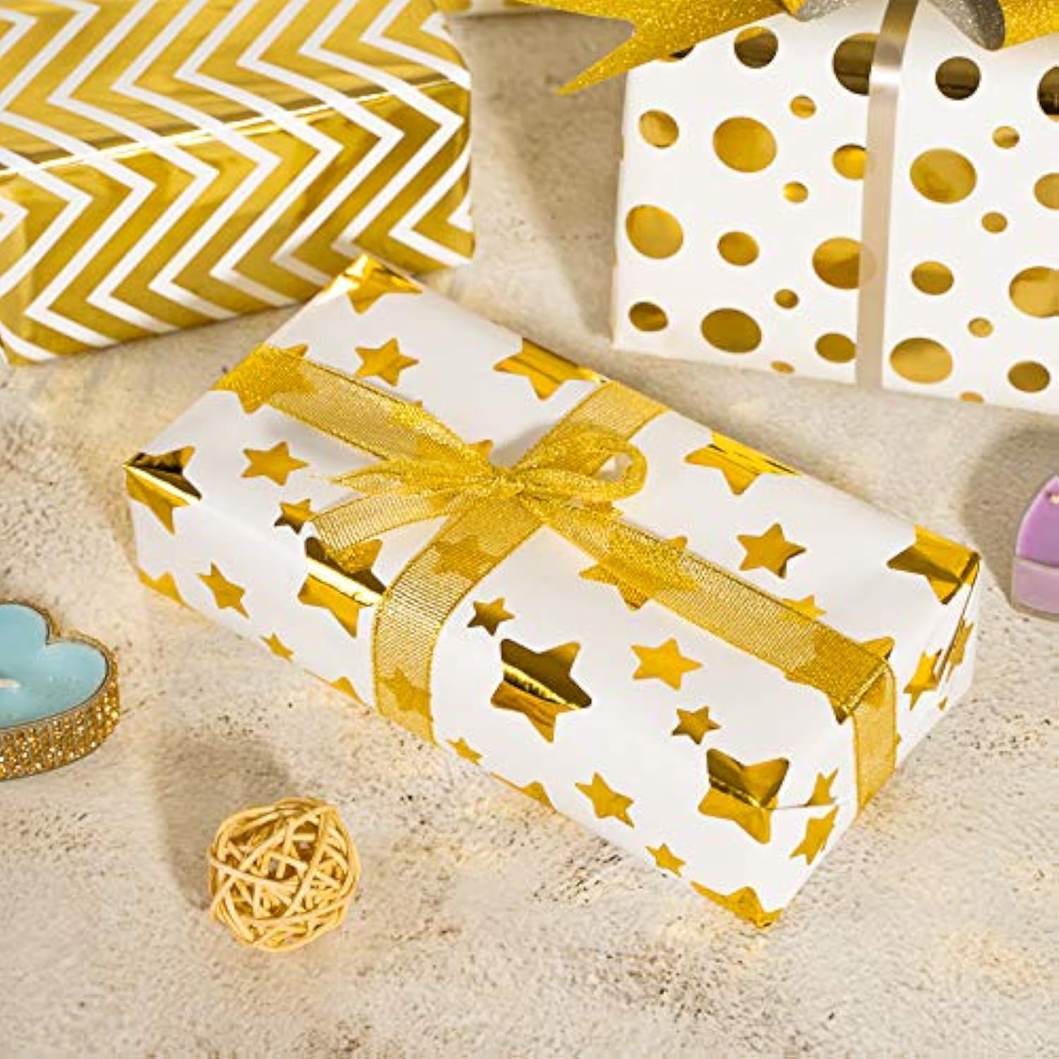 Gold Star Stripe Wrapping Paper, 8 Sheet Gold White Gift Wrapping Paper With 10 Pull Bows & 24 Yard Glitter Ribbon Xmas Assorted Gold Foil Decorative Art Paper For Birthday Holiday Party