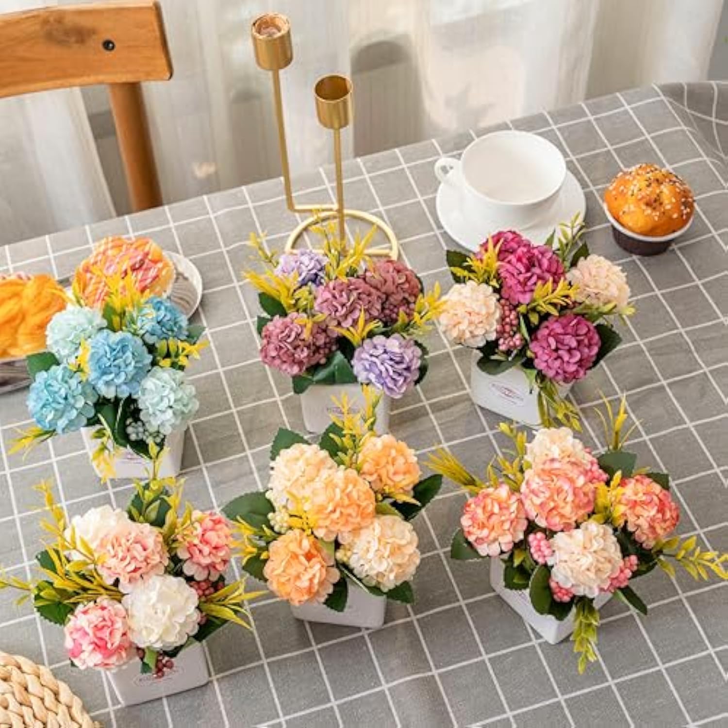 6Pcs Artificial Flowers With Ceramic Pot Small Fake Hydrangea Flowers Arrangements Faux Spring Flowers In Vase Home Spring Decor, Centerpiece Table Decorations For Farmhouse Office Shelf Dining Table