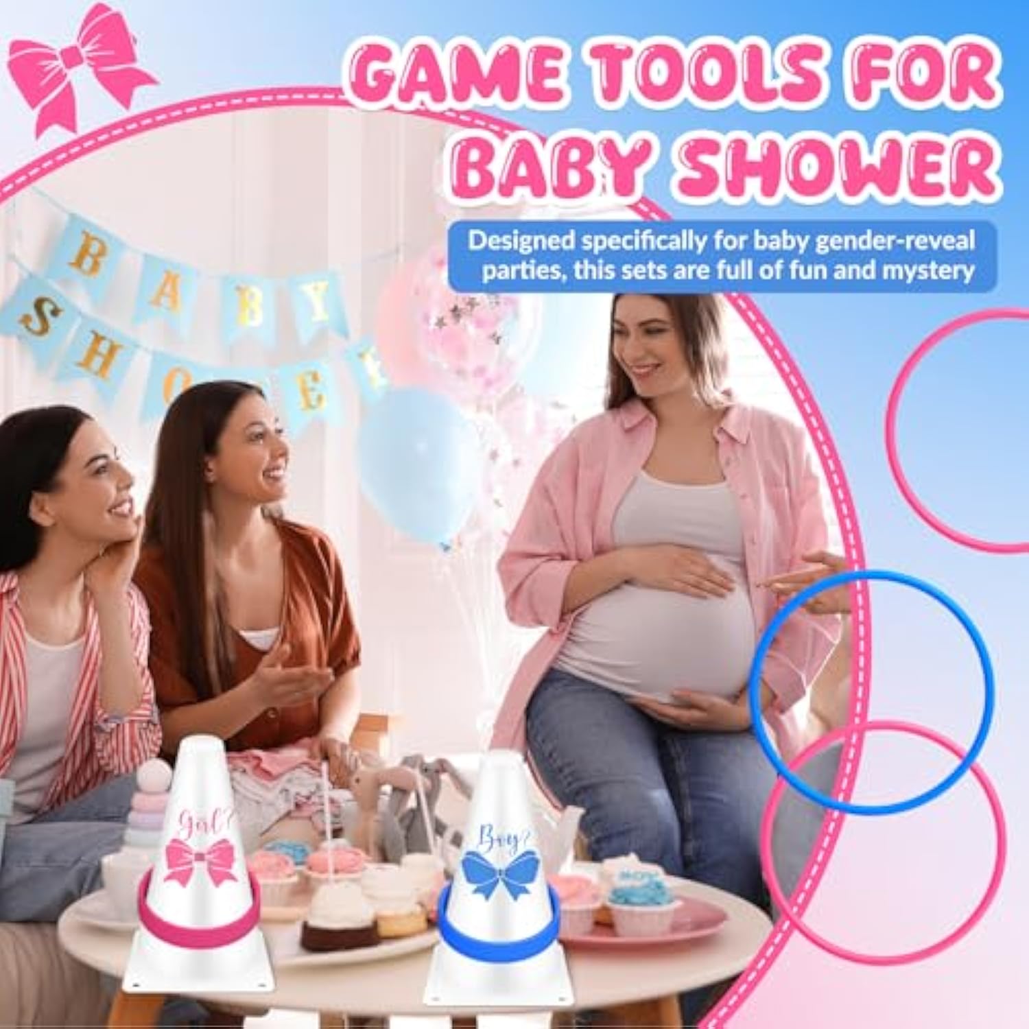 42 Pcs Gender Reveal Party Baby Boy Or Girl Ring Toss Game Include 2 Plastic Cones 36 Pink Blue Toss Rings And 4 Gender Stickers For Guests Baby Shower Party Supplies