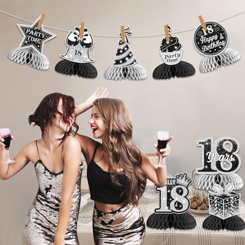 8PCS 18th Birthday Honeycomb Centerpieces, Black and Silver 18th Birthday Table Decorations Double-Sided Printing Happy Birthday Table Toppers for Boys Girls 18 Years Old Birthday Party
