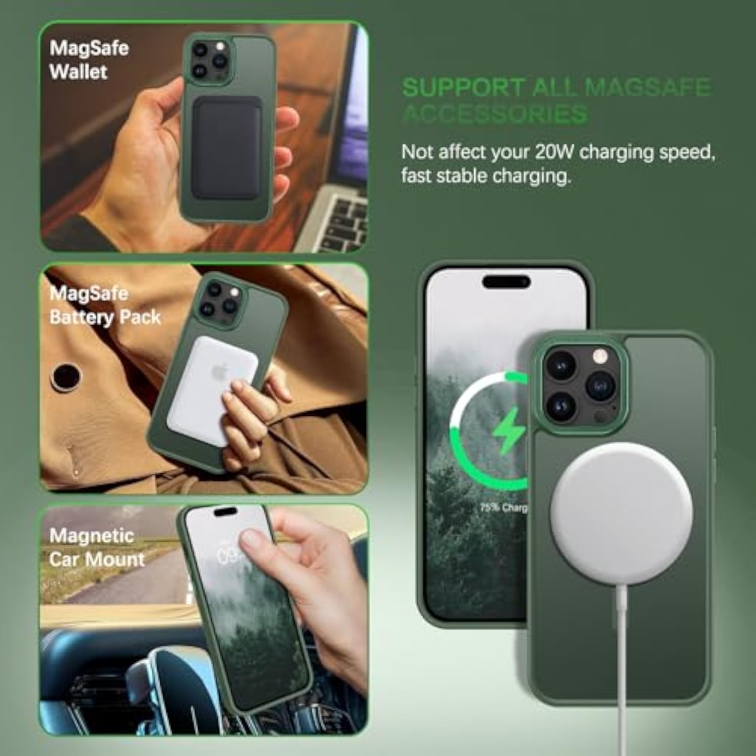 Magnetic Translucent Matte Case for iPhone 14 Pro 6.1" - Compatible with Magsafe - Forest Green