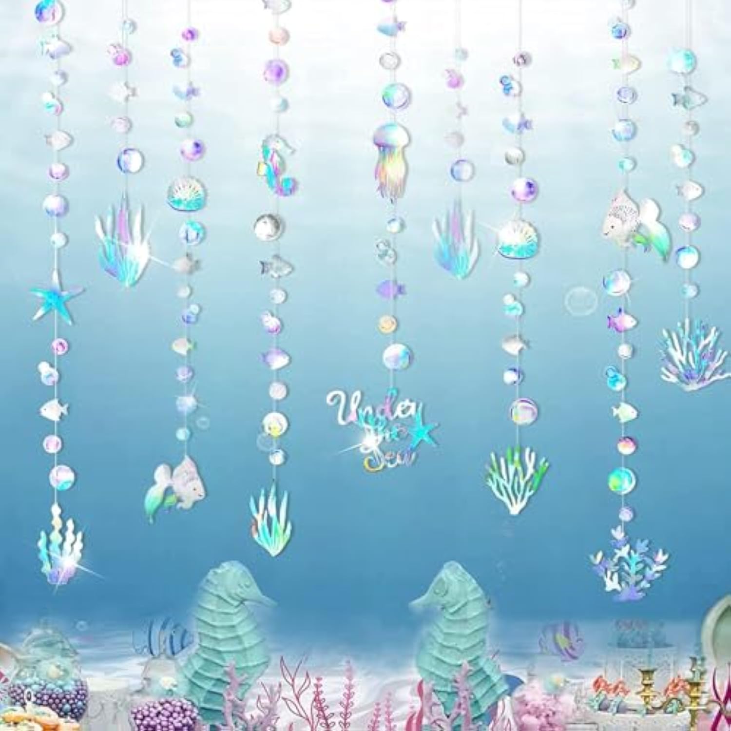 Iridescent Under The Sea Party Decorations Holographic Bubble Garlands Decoration Mermaid Birthday Decor For Ocean Theme Sea Shell Baby Shower Summer Beach Pool Nautical Theme Party Supplies