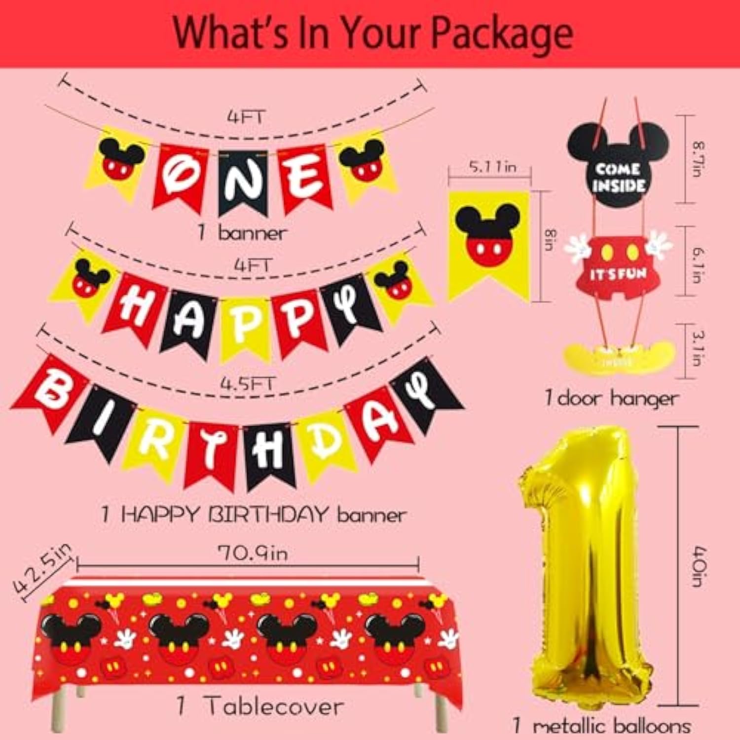 58-Pc 1st Mouse Birthday Party Set Banner, Tablecloth, Balloons & Cupcake Toppers