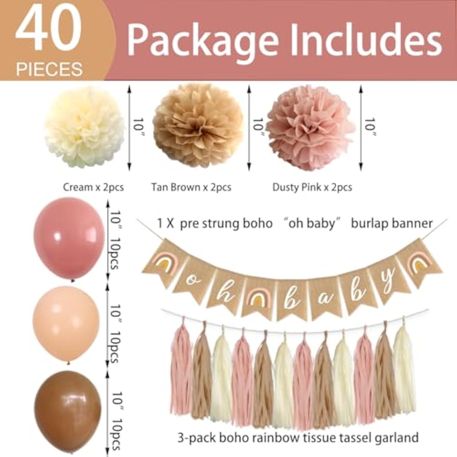 Boho Pink Brown Baby Shower Party Decorations Set - 40-Pack Mauve Blush Pink Tissue Pom Poms Paper Flowers Balloons Tassel Garland Banner Streamers For Baby Shower Backdrop Girl Birthday Nursery Decor