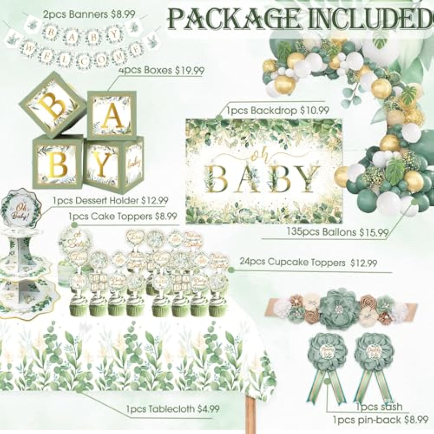 Sage Green Baby Shower Decorations - 172Pcs Gender Neutral Baby Shower Decorations Boho Greenery Party Supplies With Oh Baby Backdrop Tablecloth Balloon Baby Box Welcome Baby Banner