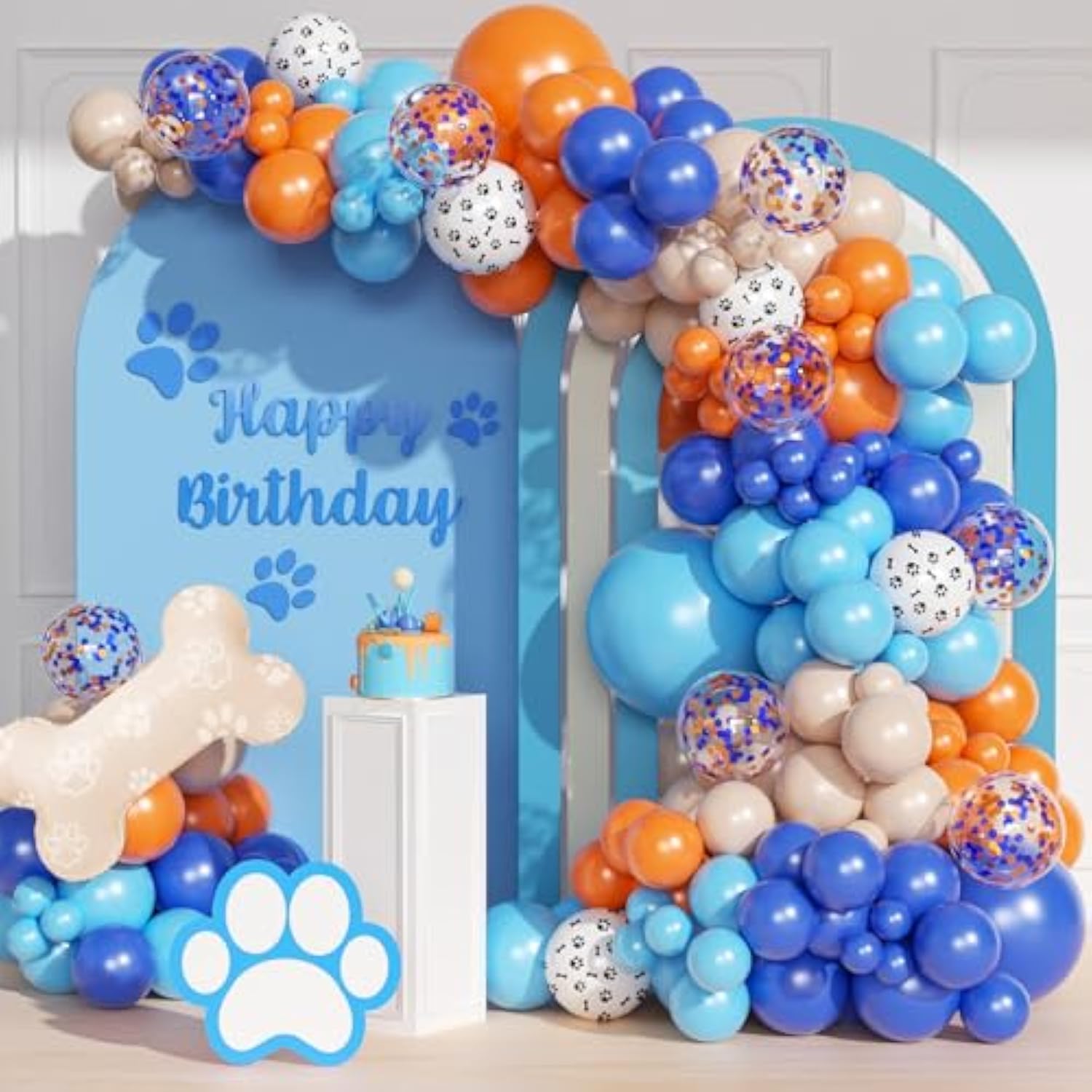 135Pcs Blue Balloon Garland Arch Kit, Diy Blue Orange Nude White Dog Bone Paw Print Balloons For Theme Baby Shower Anniversary Birthday Party Decorations