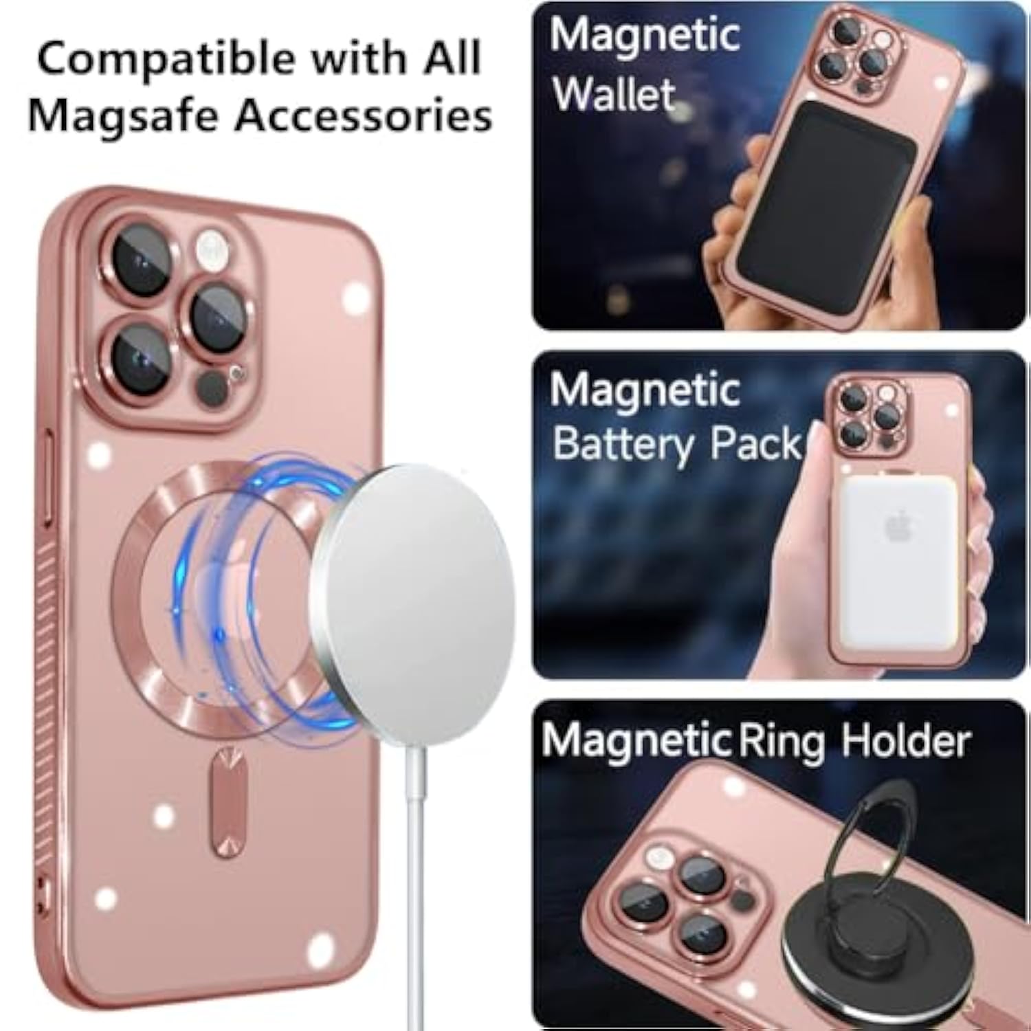 Designed For Iphone 15 Pro Case Magnetic Clear Slim Case For Women Men Full Camera Protector Anti-Yellowing Shockproof Compatible With Magsafe Cover 15 Pro Rose Gold