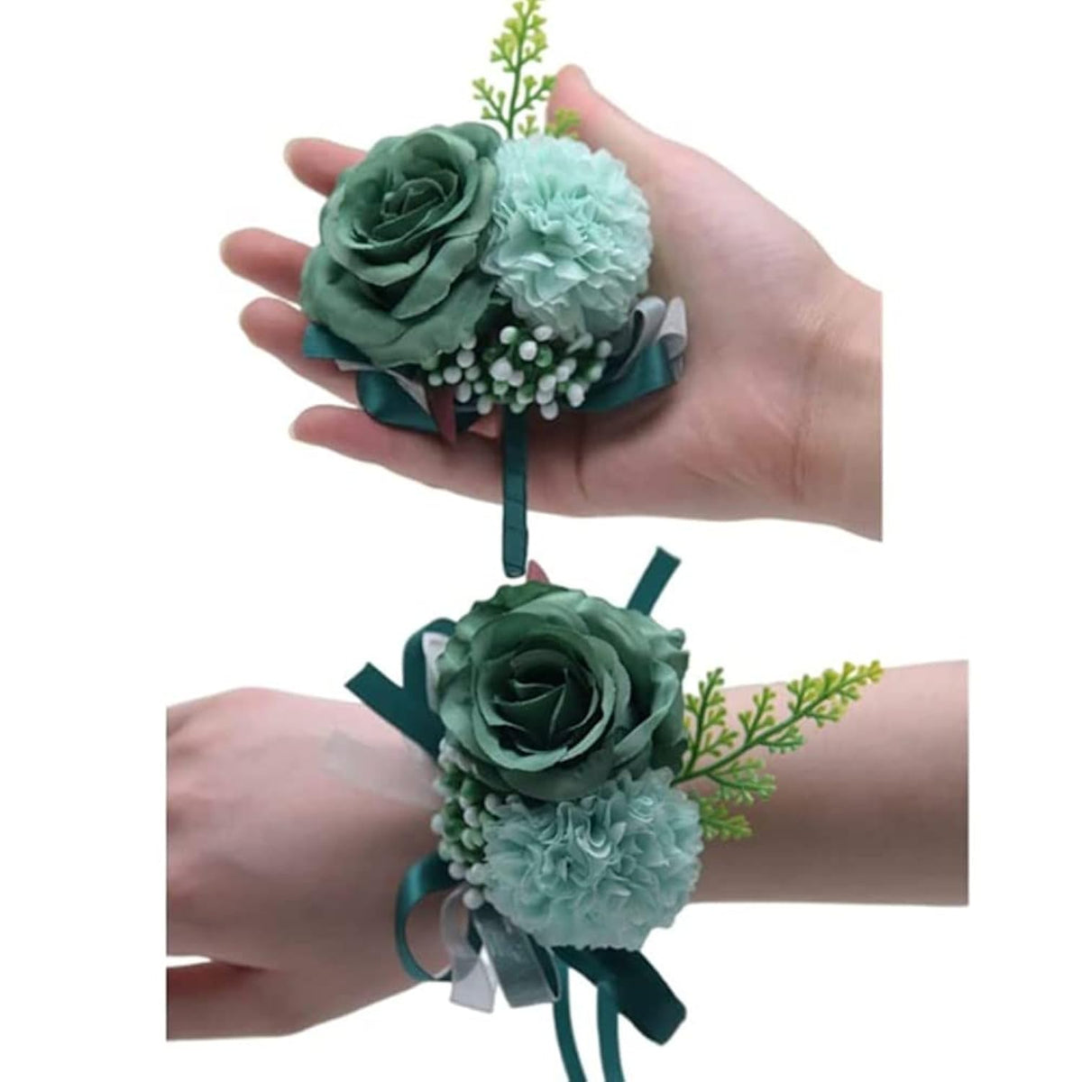 2 Rose Flower Wrist Corsage Boutonniere Set,Handmade Silk Flower For Bride Hand Flower Men Boutonniere, Prom Artificial Flower Wrist Corsage Bracelets (Green)