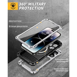 iPhone 14 Pro 6.1" Metal Case with Built-in Camera Kickstand and Glass Screen Protector, Heavy Duty Full Body Military Rugged Shockproof Magnetic Cover, Silver