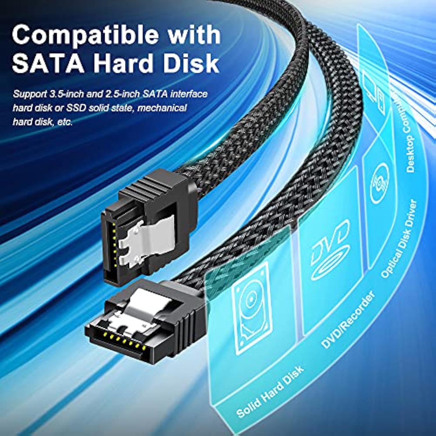 Sata Iii Cable, 6Gbps Straight Hdd Sdd Data Cable, Sata 3.0 Nylon Braided Cabl