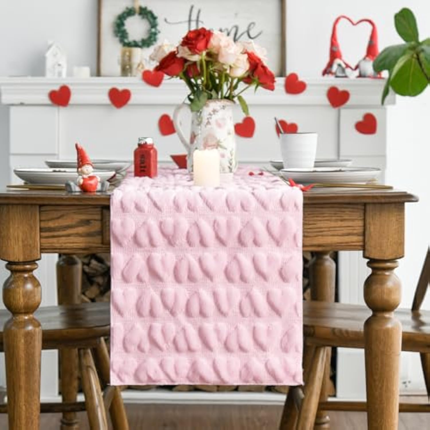 Pink Soft Plush Faux Fur Jacquard Heart Valentine'S Day Table Runner, Seasonal Kitchen Dining Table Decoration For Home Party Decor 13X72 Inch