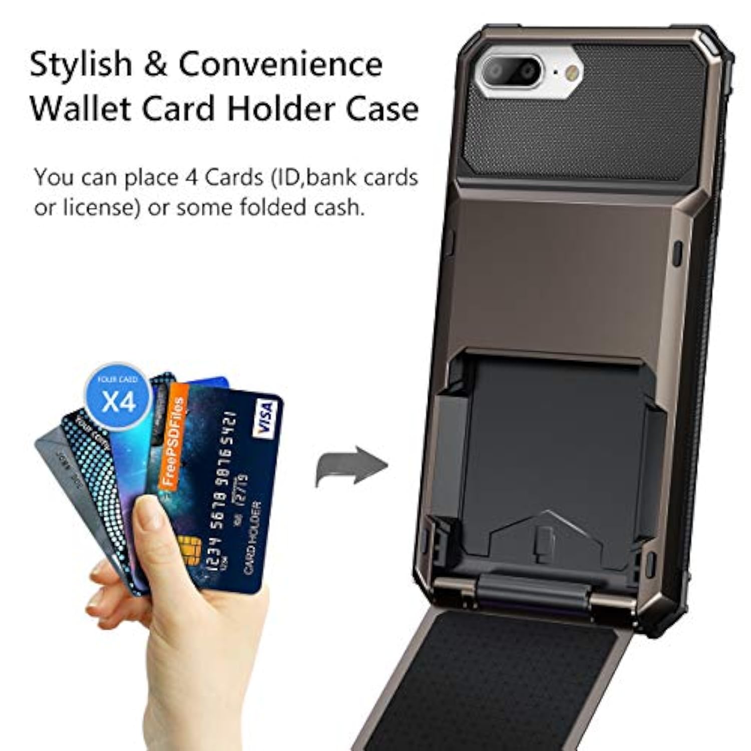 Case For Iphone 8 Plus Case Wallet Card Holder Id Slot Scratch Resistant Dual Layer Protective Bumper Rugged Tpu Rubber Armor Hard Shell Cover For Iphone 6 Plus 6S Plus 7 Plus Gun Color