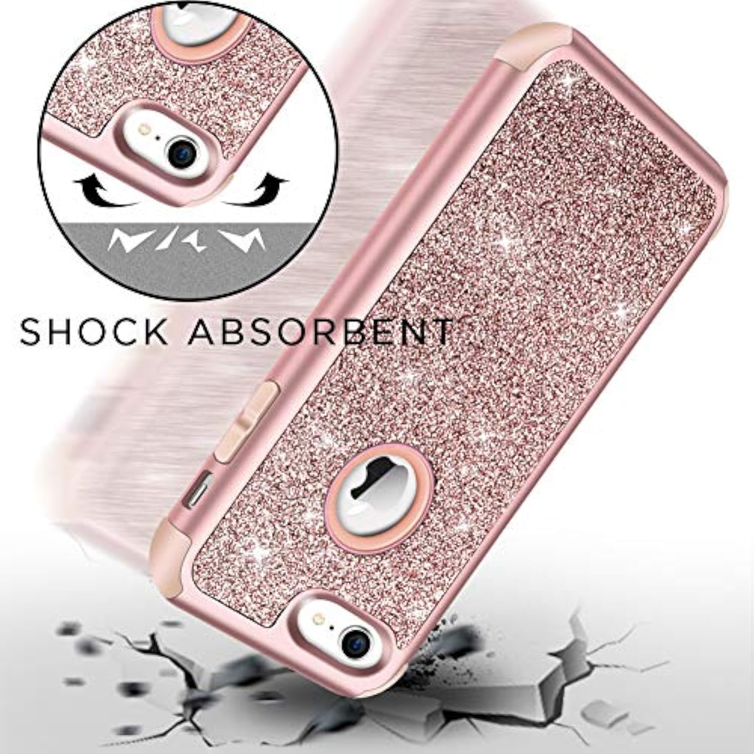 Designed For Iphone 8, Iphone 7 Case, Heavy Duty Full-Body Defender Protective Case Bling Glitter Sparkle Hard Shell Hybrid Shockproof Rubber Bumper Cover, Rose Gold